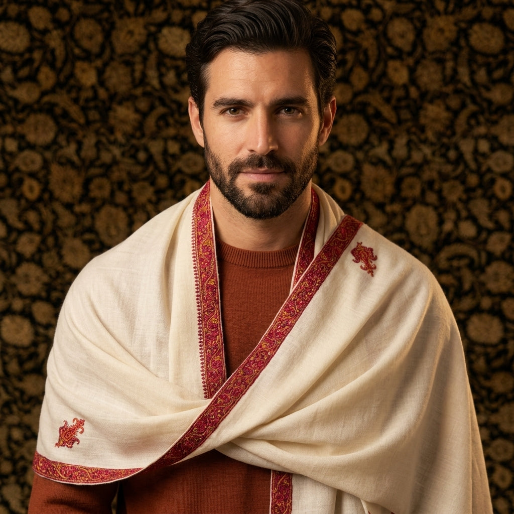 White Pashmina Stole — Magenta & Gold Sozni Embroidered Border