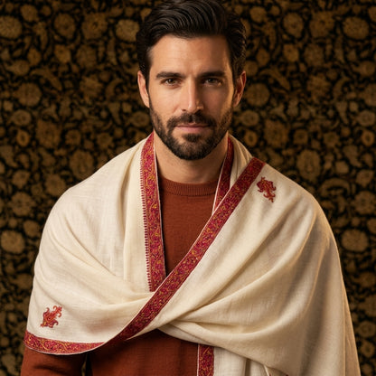 White Pashmina Stole — Magenta & Gold Sozni Embroidered Border
