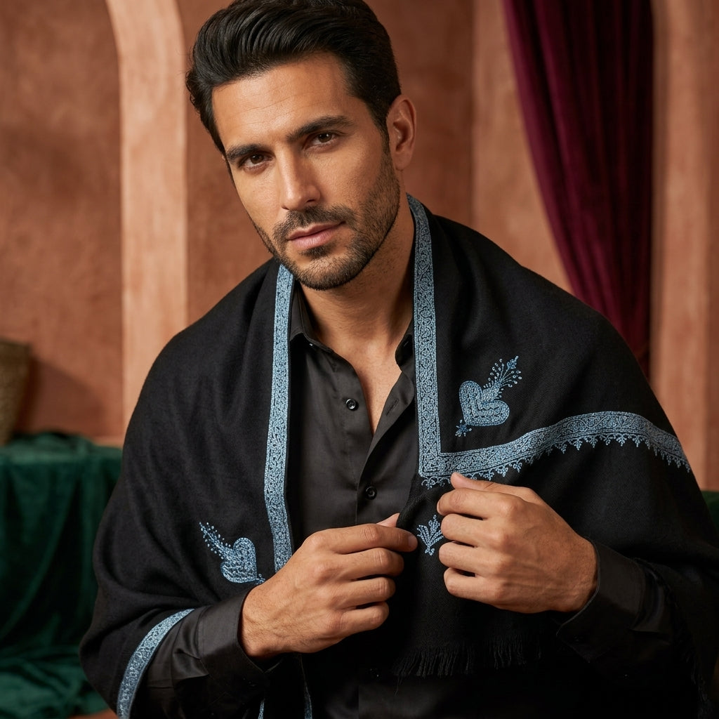 Jet Black Pashmina Stole — Steel Blue Sozni Border & Paisley Buti