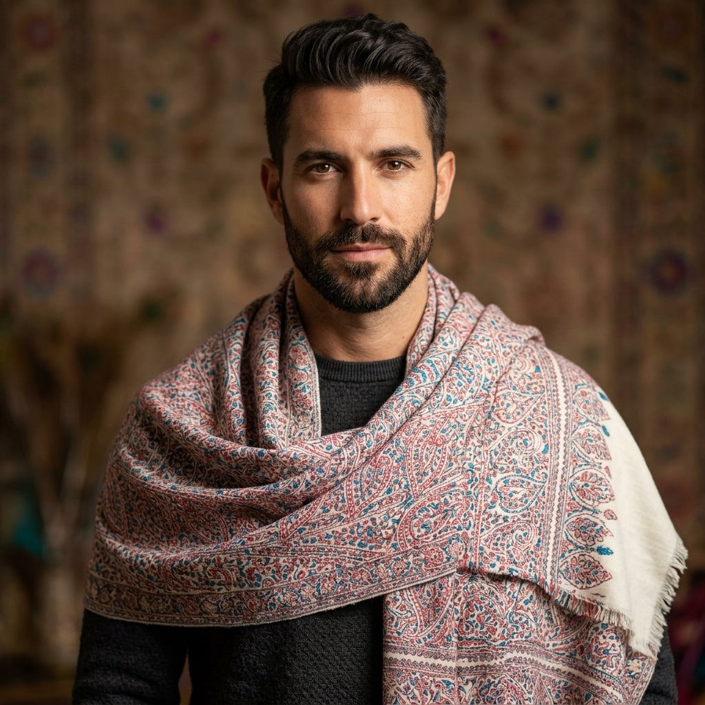 Ivory Sozni Jamawar Pashmina Shawl — All-Over Blue & Burgundy Paisley