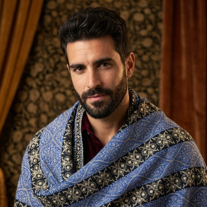 Royal Blue & Navy Jama Pashmina Shawl — Gold Wave Band Embroidery