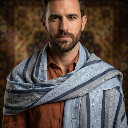 Steel Blue Striped Pashmina Shawl — Ivory Paisley Booti Embroidery