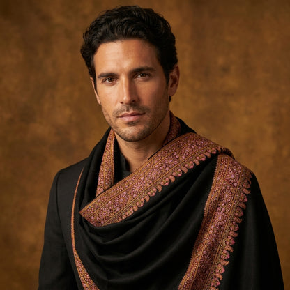 Jet Black Pashmina Shawl — Multicolour Sozni Embroidered Border