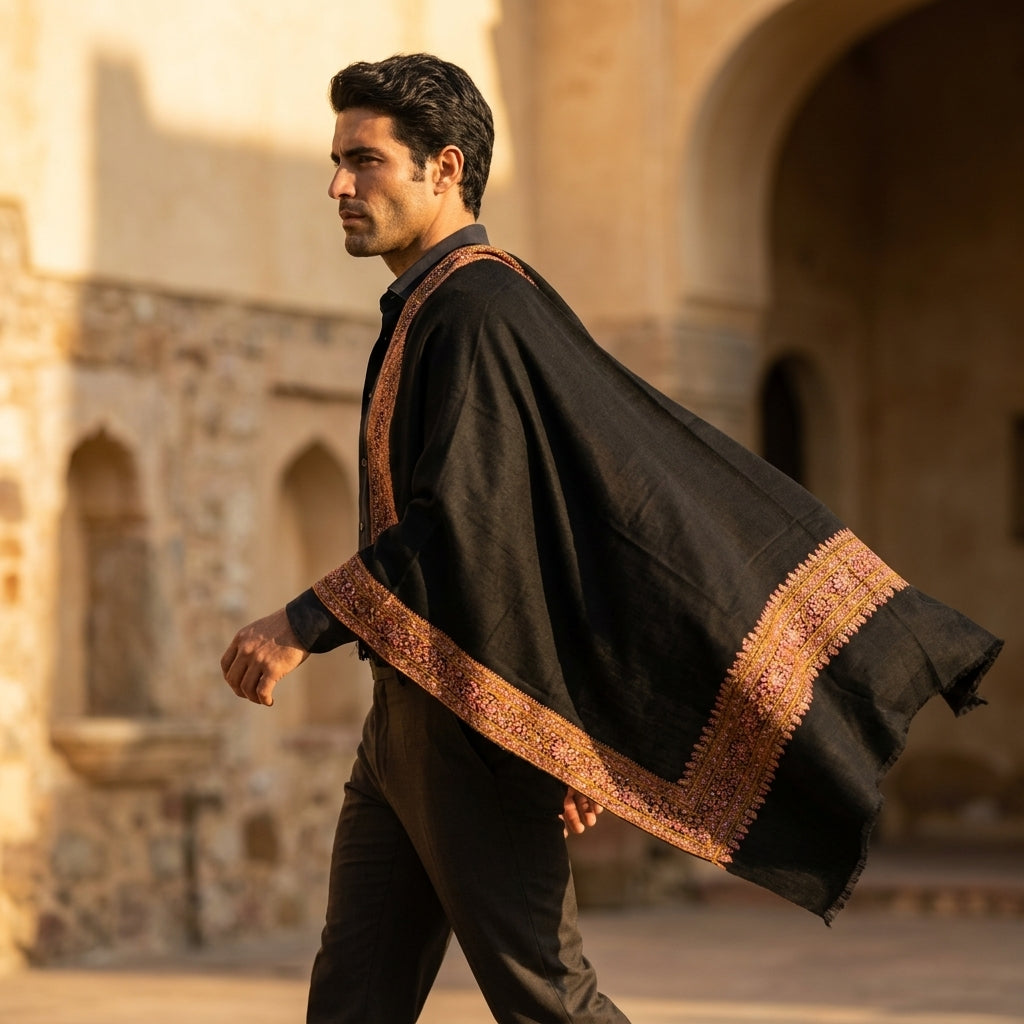 Jet Black Pashmina Shawl — Multicolour Sozni Embroidered Border