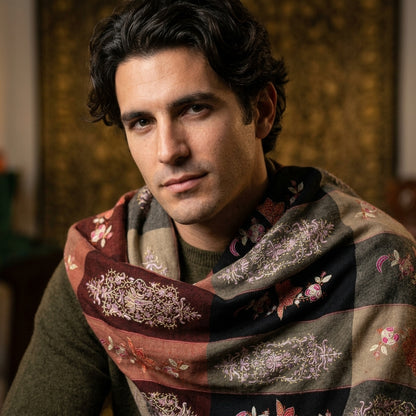 Multicolour Stripe Pashmina Shawl — Sozni Booti Butterfly & Floral Embroidery