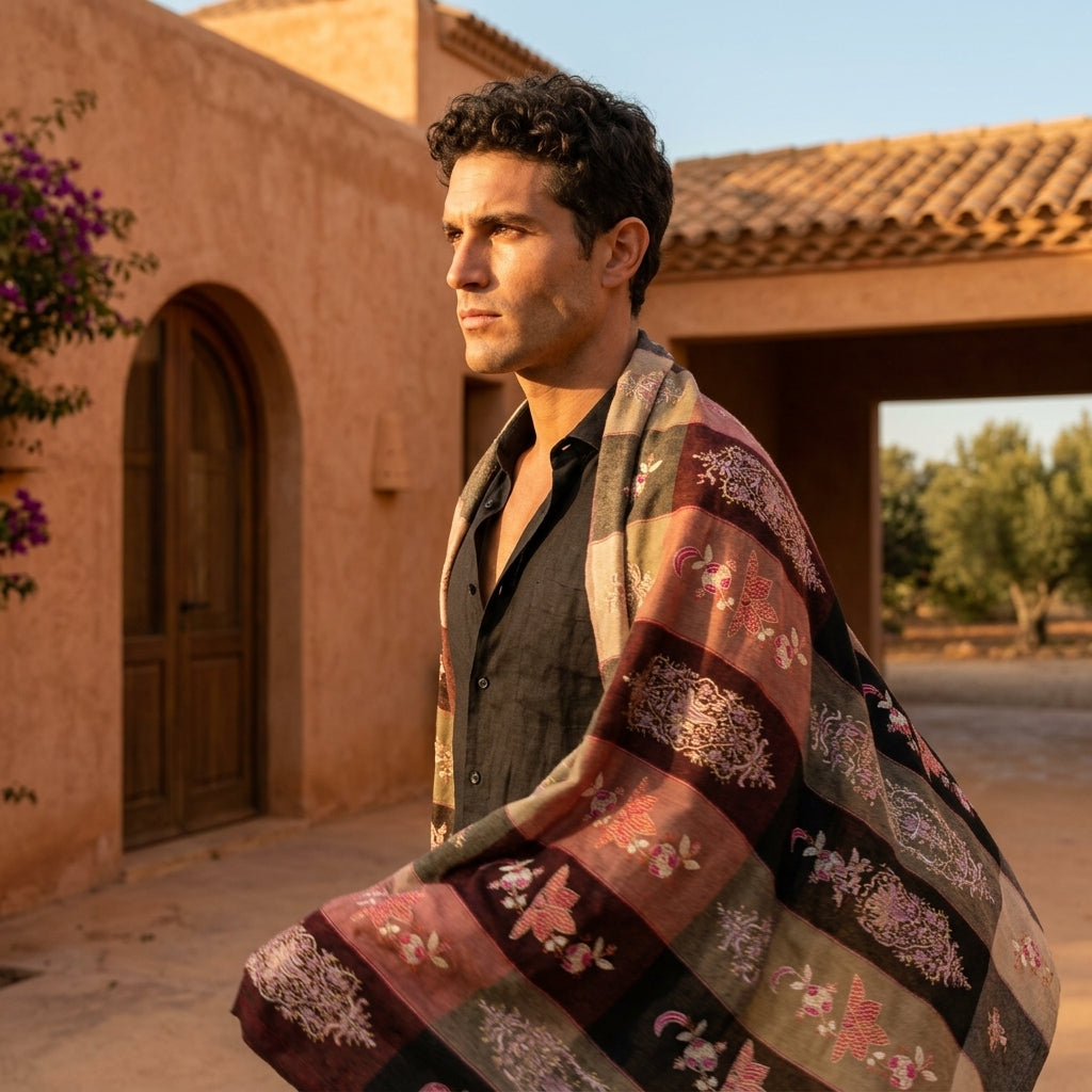 Multicolour Stripe Pashmina Shawl — Sozni Booti Butterfly & Floral Embroidery