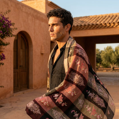 Multicolour Stripe Pashmina Shawl — Sozni Booti Butterfly & Floral Embroidery