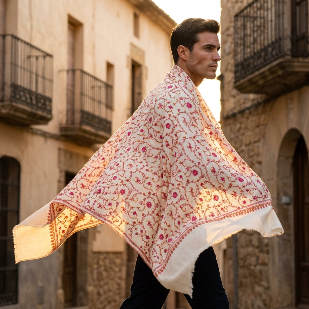 Ivory Jali Pashmina Shawl — Coral, Pink & Amber Full Floral Vine Embroidery