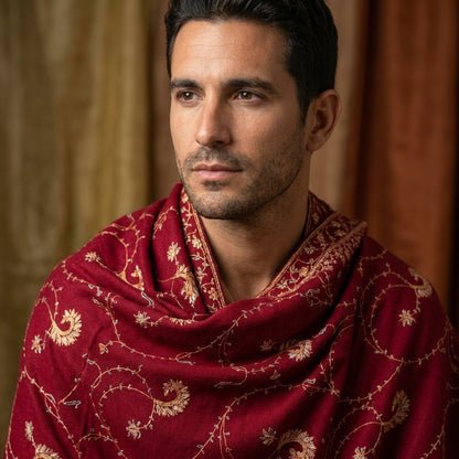 Burgundy Jali Pashmina Shawl — Gold & Silver Spiral Vine Embroidery