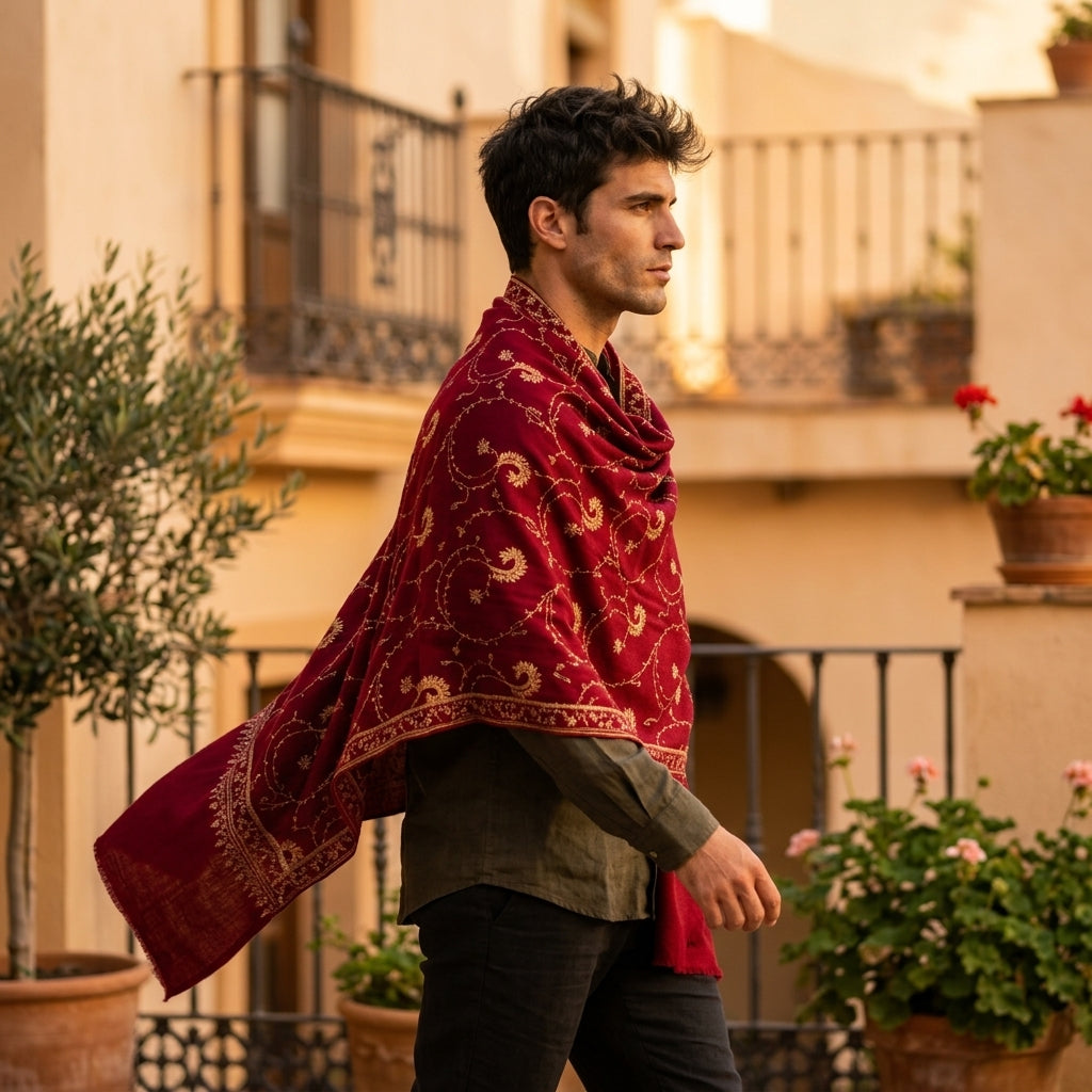 Burgundy Jali Pashmina Shawl — Gold & Silver Spiral Vine Embroidery