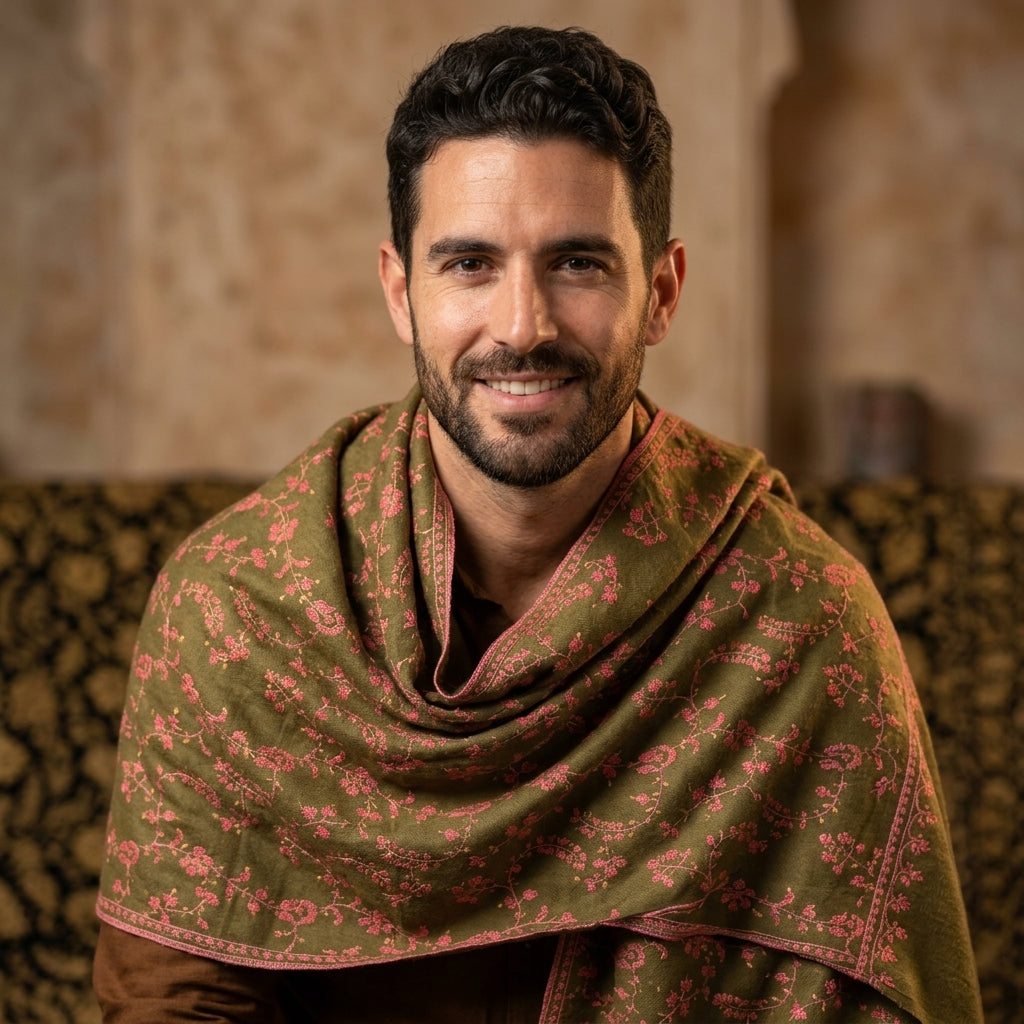 Olive Green Jama Pashmina Stole — Rose Pink Full Floral Vine Embroidery