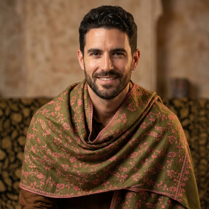 Olive Green Jama Pashmina Stole — Rose Pink Full Floral Vine Embroidery