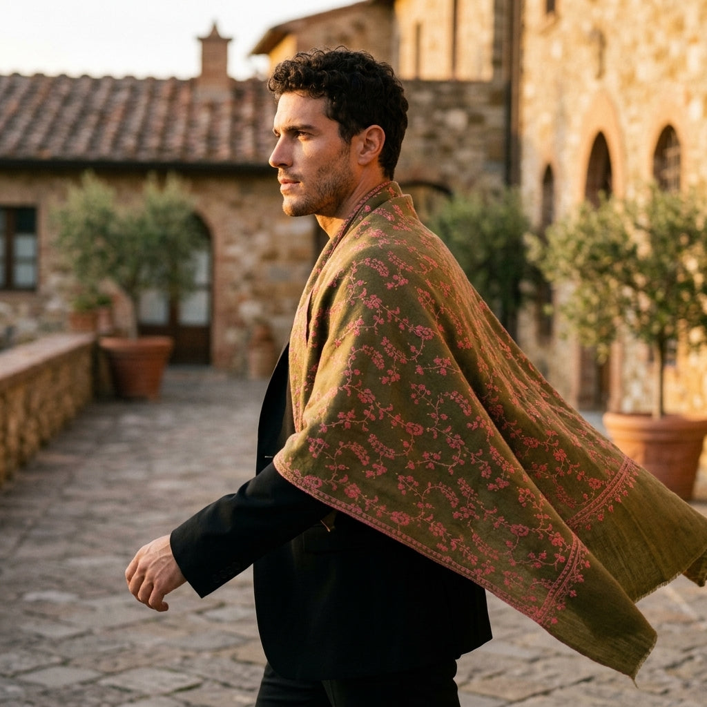 Olive Green Jama Pashmina Stole — Rose Pink Full Floral Vine Embroidery