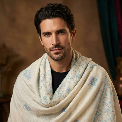 Ivory Pure Pashmina Stole — Sozni Booti & Palla in Sky Blue & Pink
