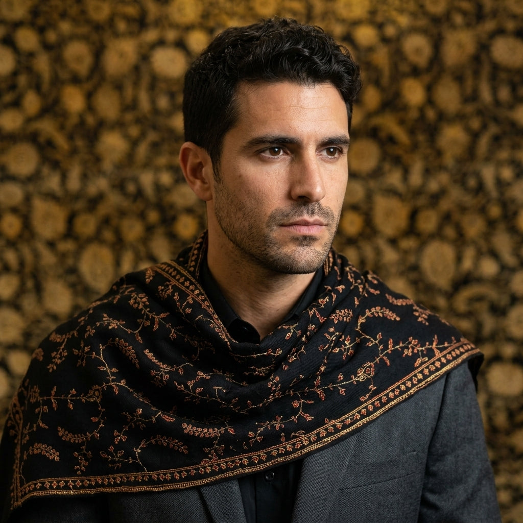 Man wearing a dark coat with an embroidered shawl against a patterned wall.