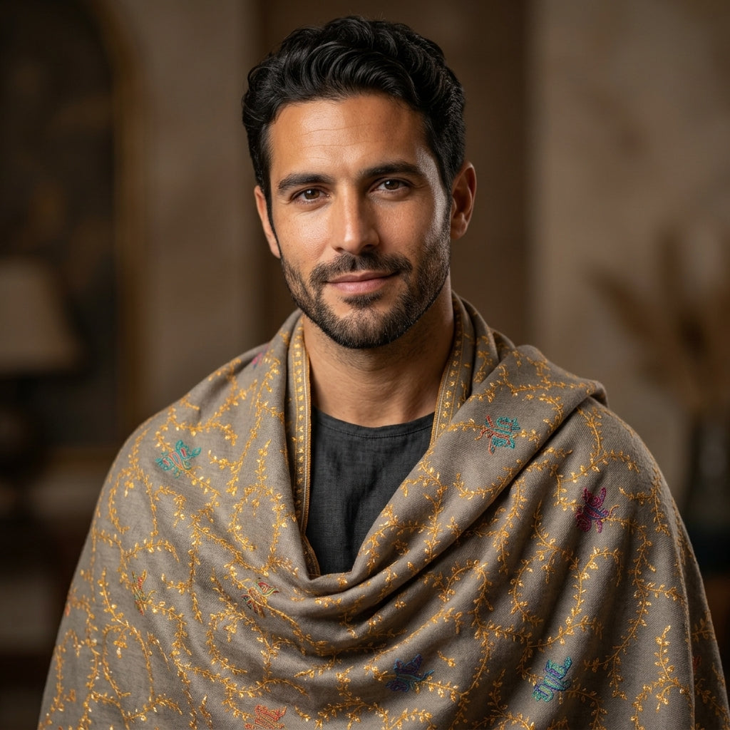 Man wearing a patterned shawl in a warm-toned indoor setting