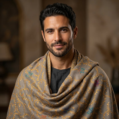 Man wearing a patterned shawl in a warm-toned indoor setting