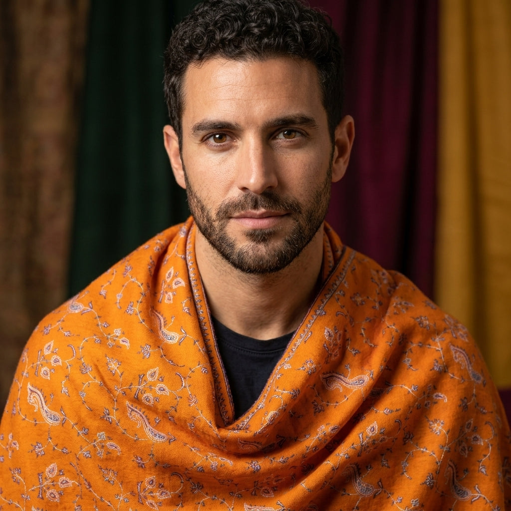 Man wearing an orange patterned scarf with a blurred curtain background
