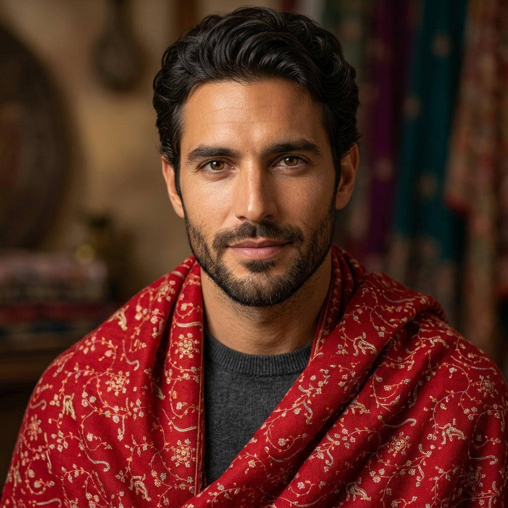 Man wearing a red patterned shawl in a warm-toned interior setting