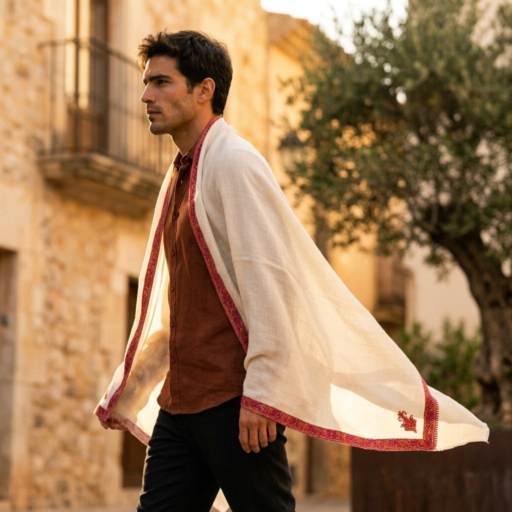 White Pashmina Stole — Magenta & Gold Sozni Embroidered Border