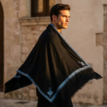 Jet Black Pashmina Stole — Steel Blue Sozni Border & Paisley Buti