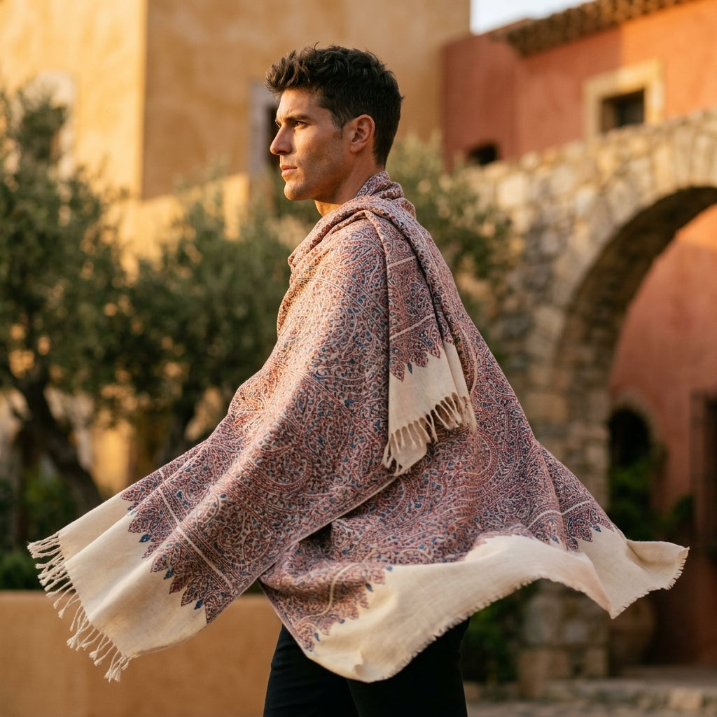 Ivory Sozni Jamawar Pashmina Shawl — All-Over Blue & Burgundy Paisley