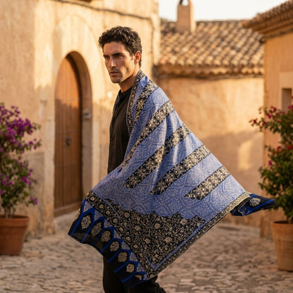 Royal Blue & Navy Jama Pashmina Shawl — Gold Wave Band Embroidery
