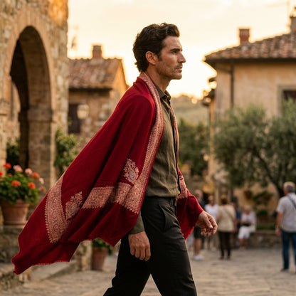 Crimson Handloom Pashmina Shawl — Gold & Coral Embroidered Border