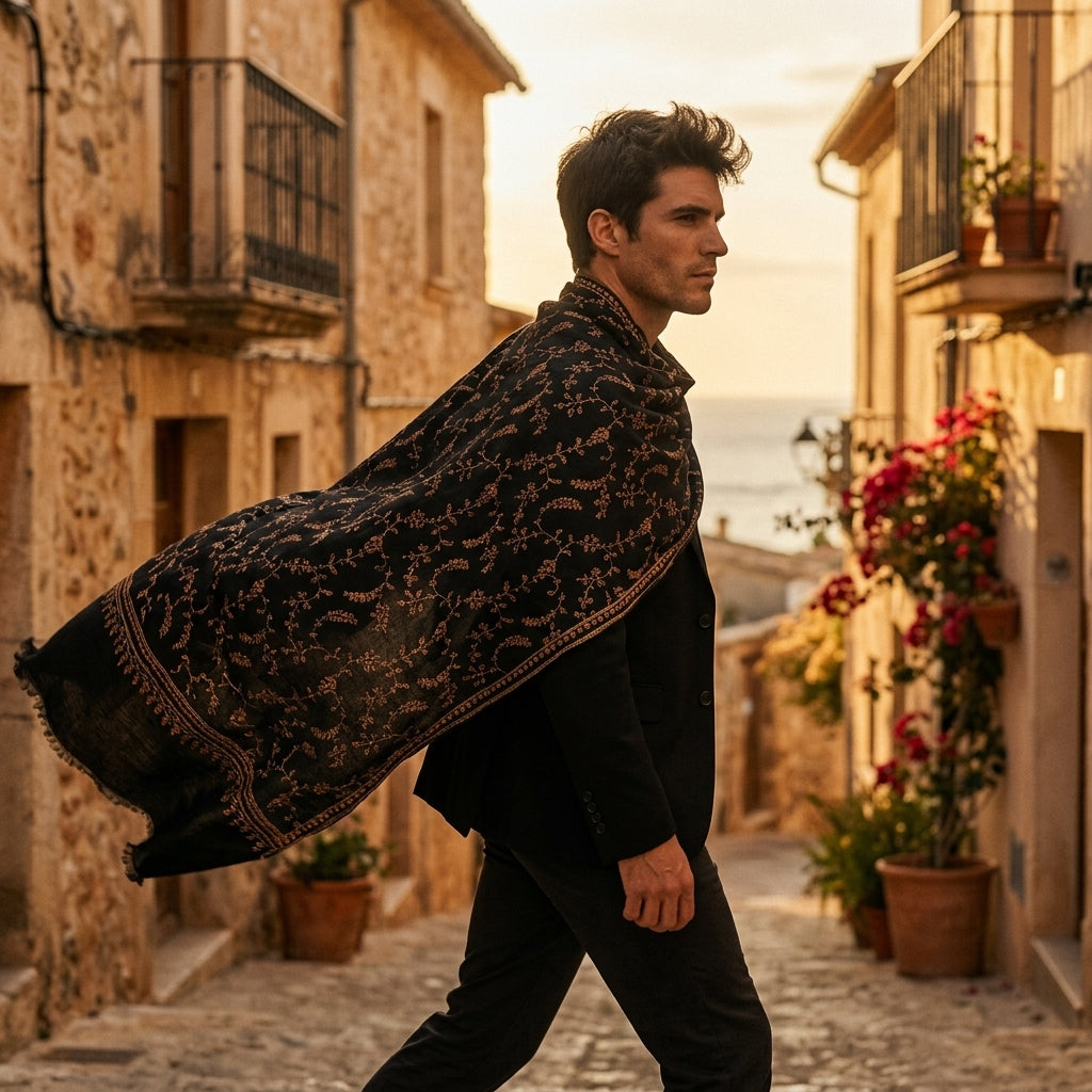 Man walking through a sunlit street with a patterned shawl, surrounded by stone buildings and flowers.