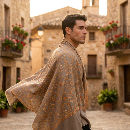 Greige Jama Pashmina Stole — Full Embroidered Floral Vine