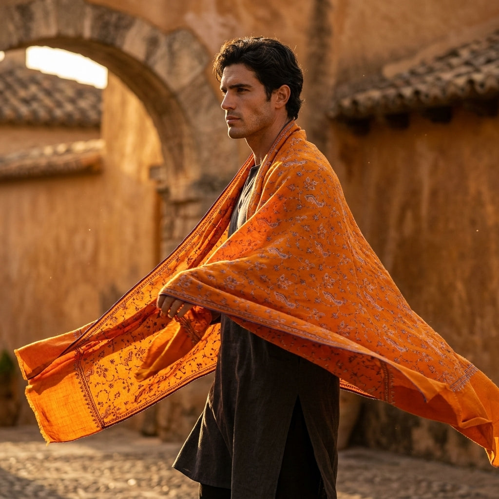Man wearing an orange cloak in a desert setting with architectural elements.