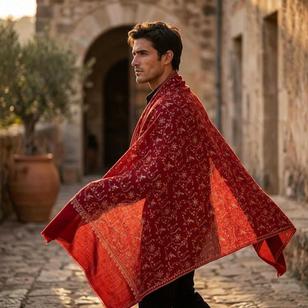 Man wearing a red patterned shawl in an outdoor setting with stone architecture and potted plants.