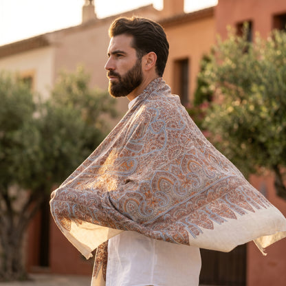 Cream Kalamkari Pashmina Shawl — Terracotta, Blue & Amber Grand Paisley
