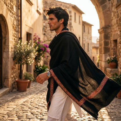 Jet Black Men's Pashmina Shawl — Amber & Pink Sozni Border