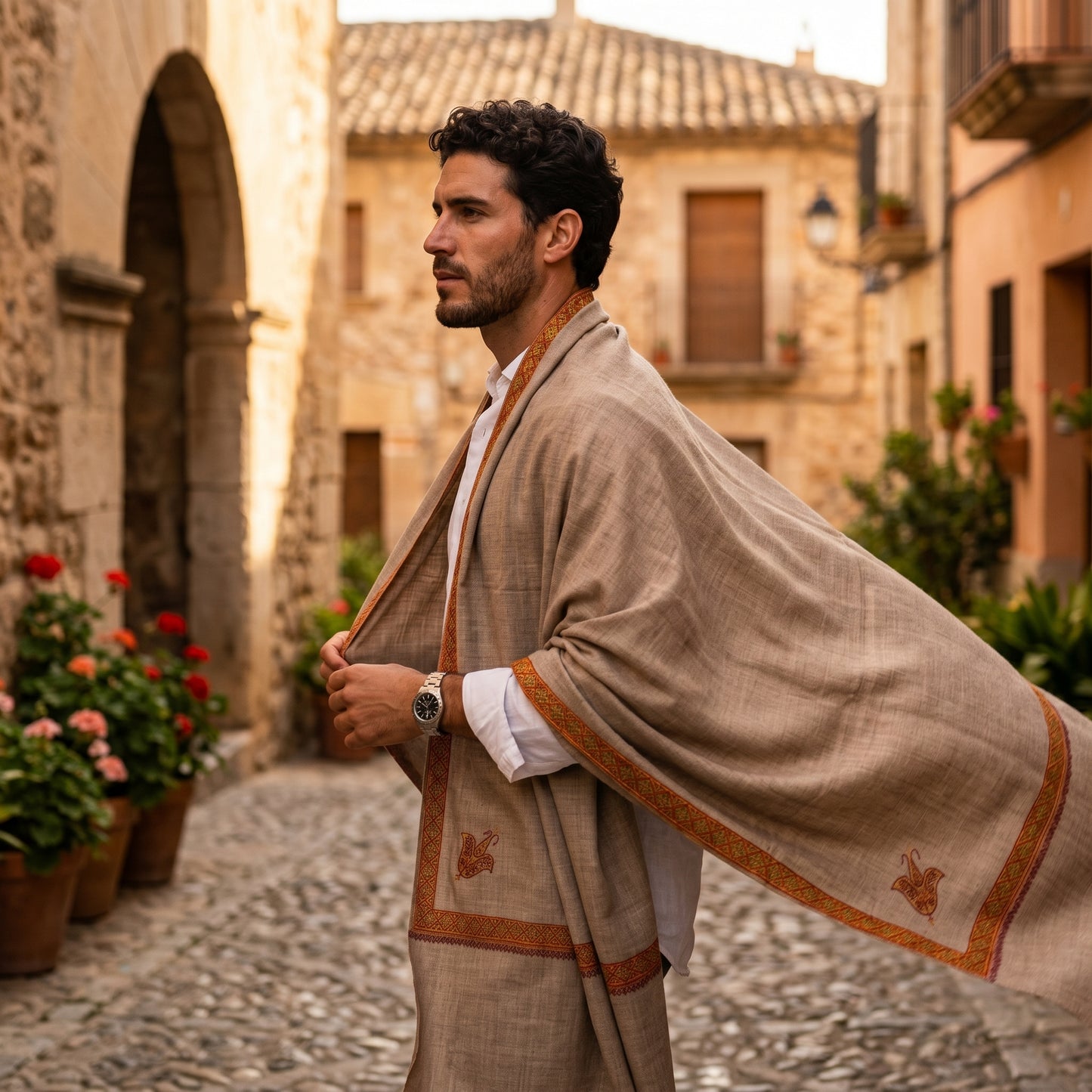 Natural Greige Men's Pashmina Shawl — Burnt Orange & Gold Sozni Border