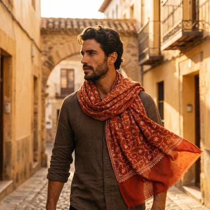 Burnt Terracotta Jama Pashmina Stole — Ivory Full Floral Vine Embroidery