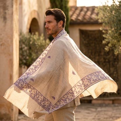 Off-White Jali Pashmina Stole — Periwinkle Blue & Coral Botanical Embroidery