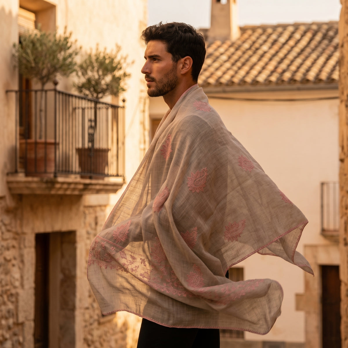 Silver Grey Pashmina Stole — Sozni Booti & Dourdar Border in Rose Pink