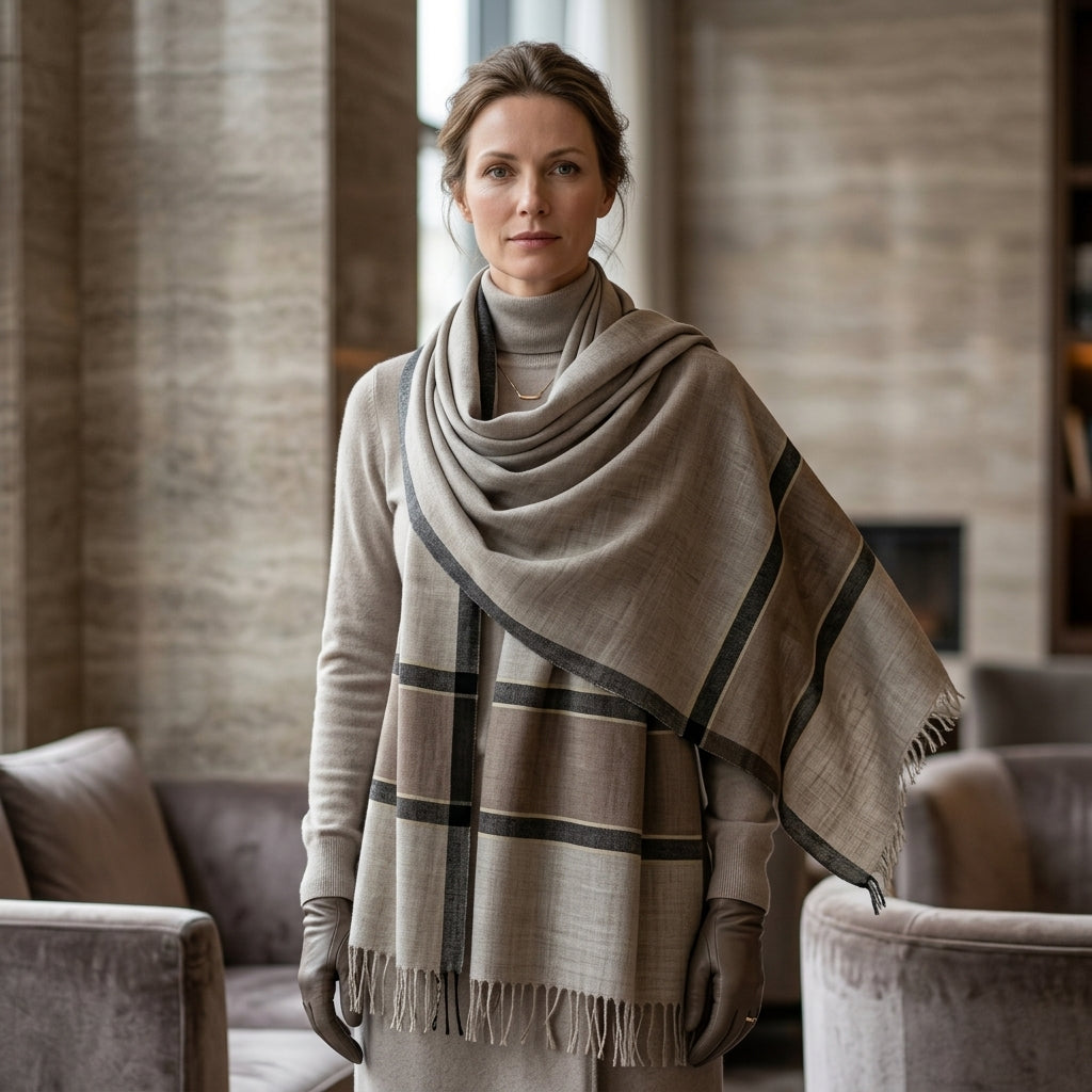 Pashmina Grey & Ivory Bold Stripe Shawl