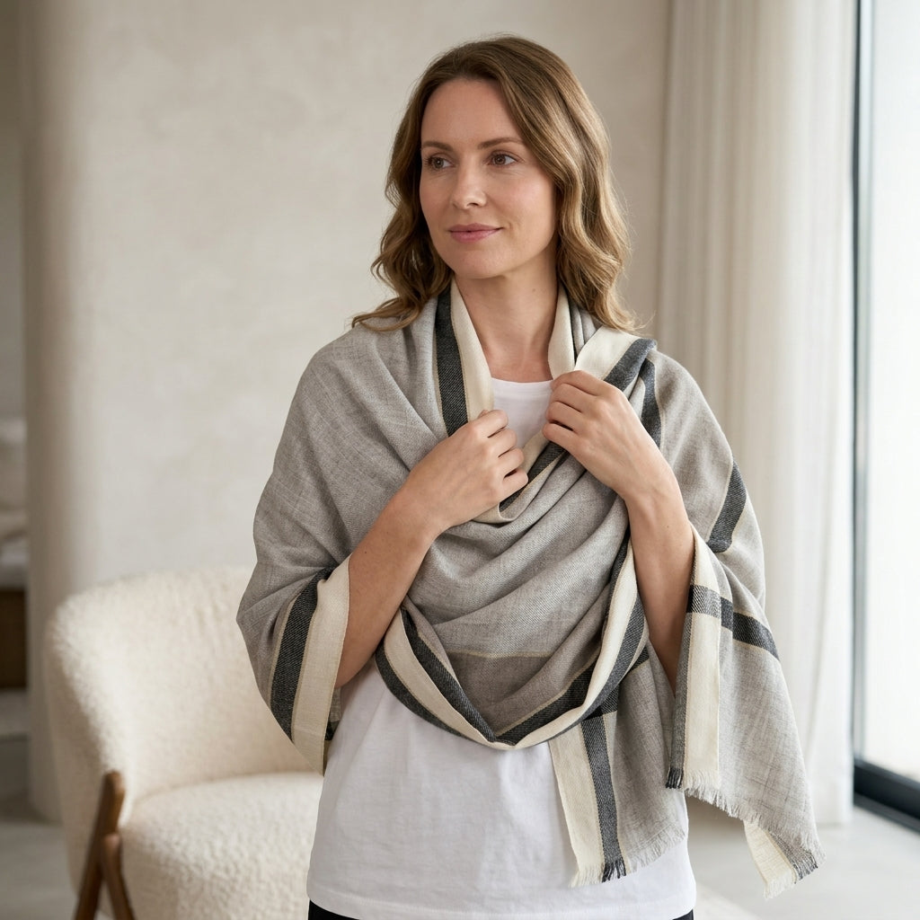 Pashmina Grey & Ivory Bold Stripe Shawl