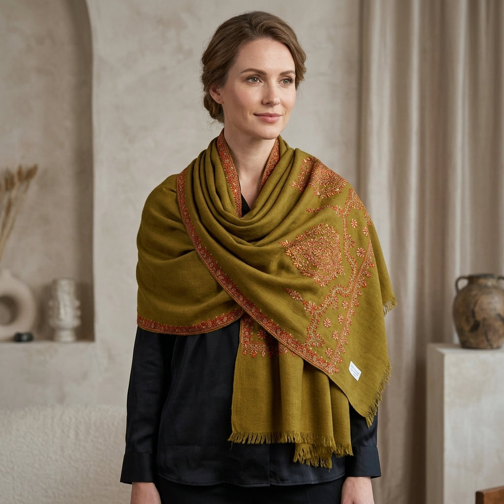 Pashmina Olive Green Royal Embroidery Shawl