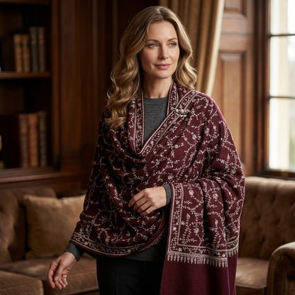 Pashmina Burgundy Heritage Embroidery Shawl
