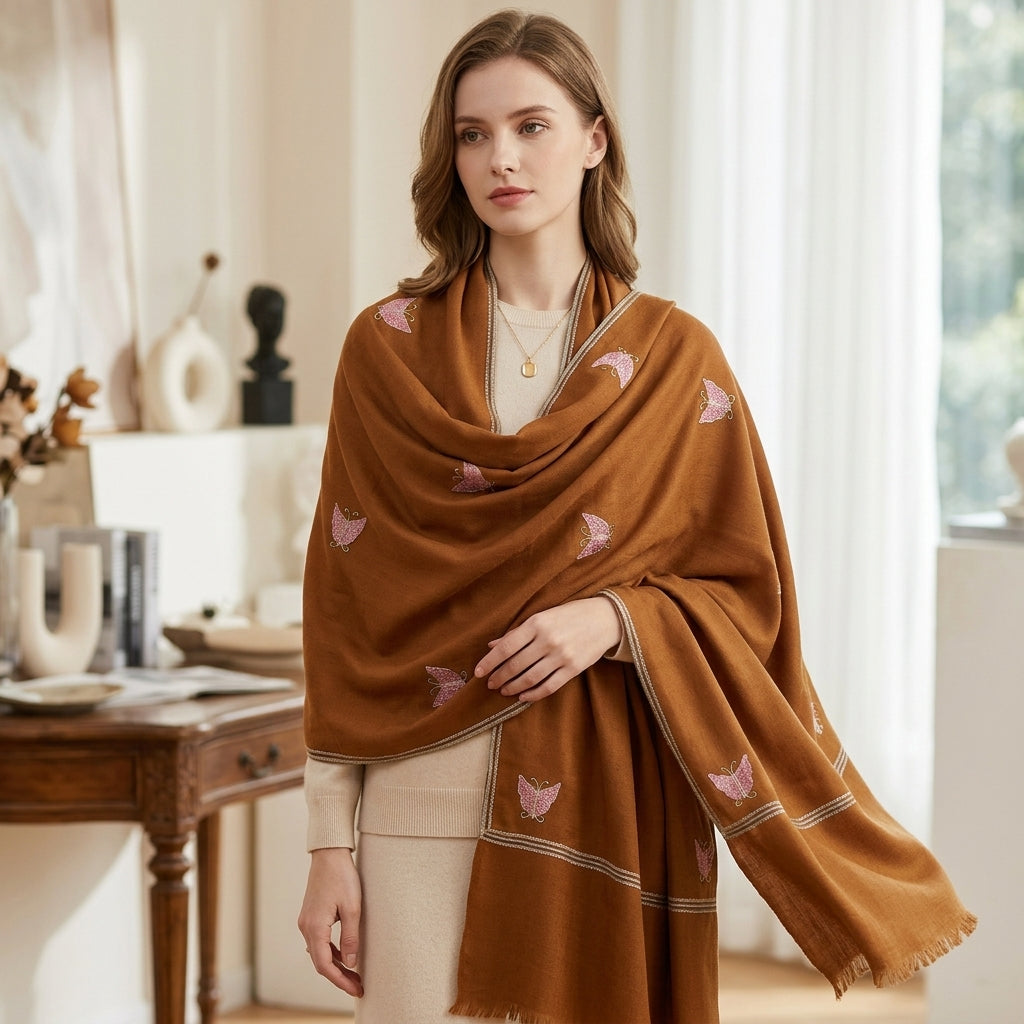Pashmina Brown Butterfly Embroidered Stole