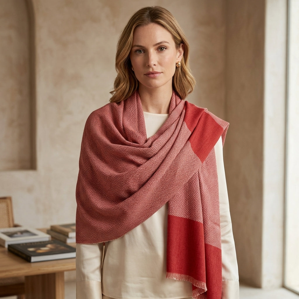 Pashmina Dual Tone Rust & Red Designer  Handwoven Shawl