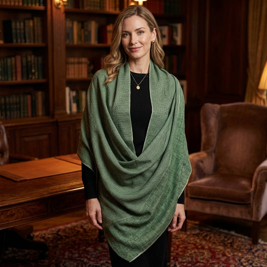 Pashmina Green Self-Patterned Reversible Shawl — Fishbowl Design