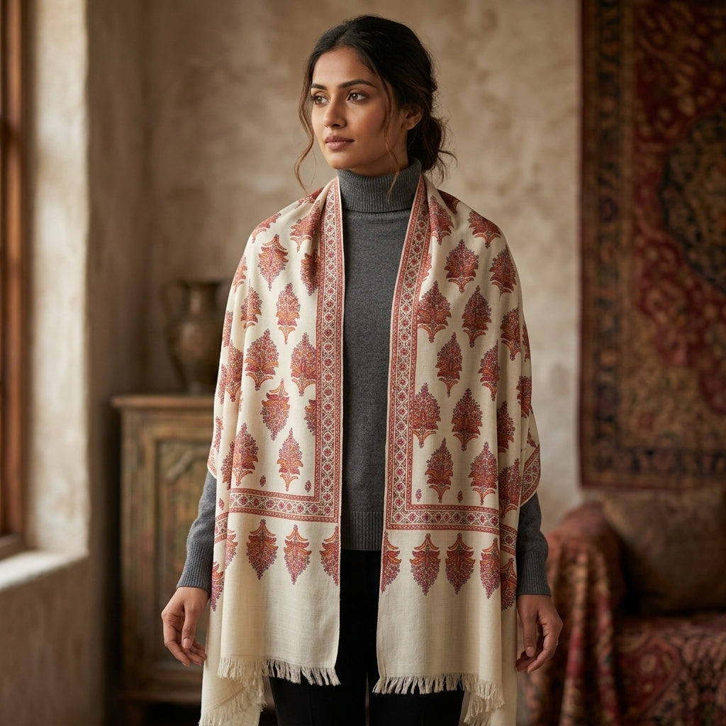 Pashmina Sozni Designer Jama Booti Embroidered Shawl