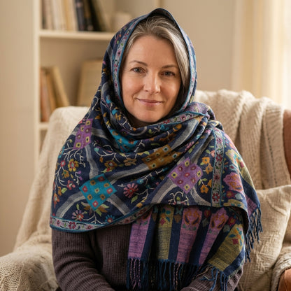 Pashmina Kani Jamawar Blue Base — GI Certified