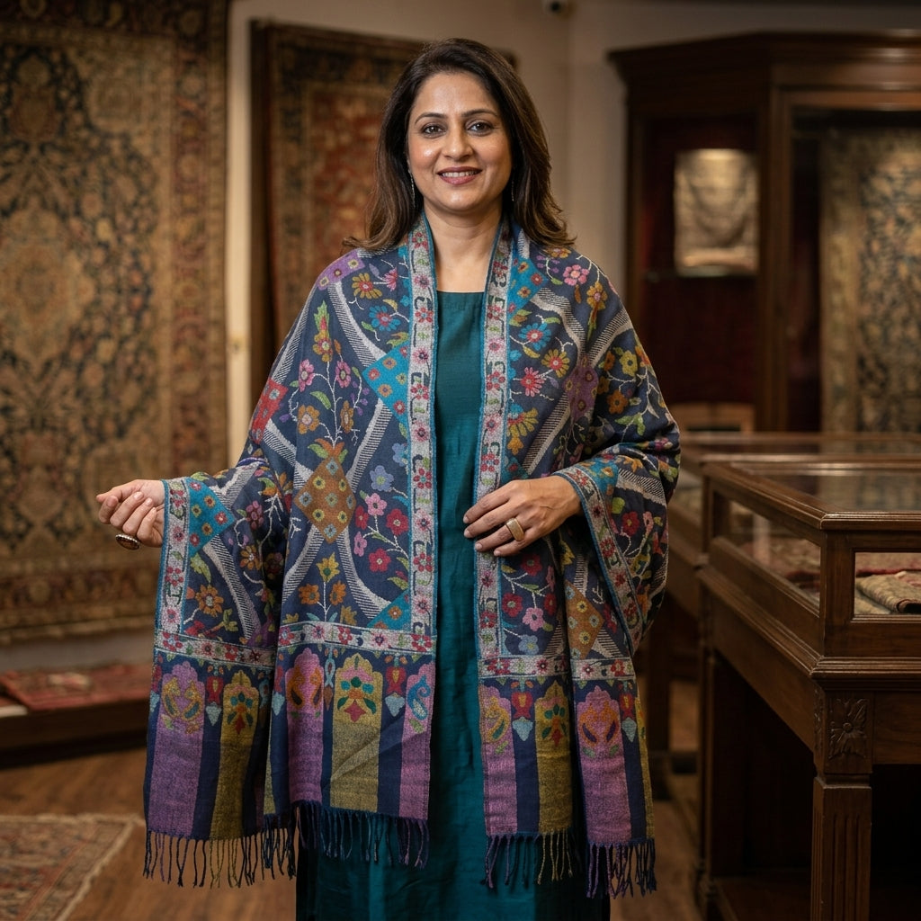 Pashmina Kani Jamawar Blue Base — GI Certified