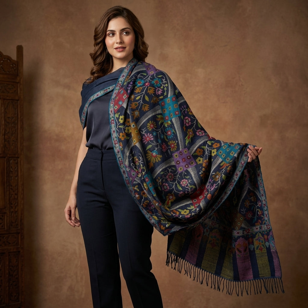 Pashmina Kani Jamawar Blue Base — GI Certified