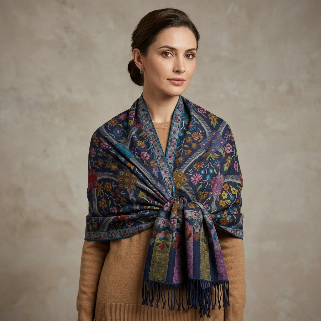 Pashmina Kani Jamawar Blue Base — GI Certified